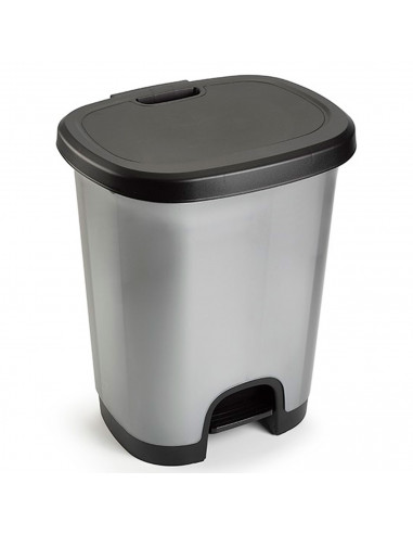 Tradineur - Cubo de basura 27 litros con pedal y tapa, plástico negro y gris, 46,3 x 38 x 31,5 cm, papelera, cesto reciclaje,  f