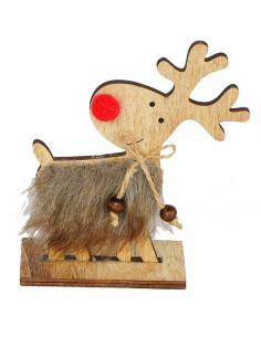Tradineur - Figura de reno con pelo - Agradable al tacto - Fabricación en madera - Decoración para navidad - 12 x 10,5 x 4 cm -