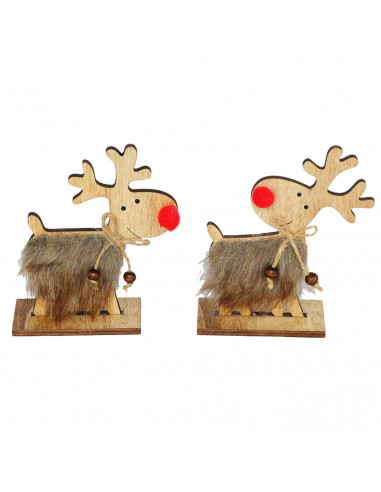 Tradineur - Figura de reno con pelo - Agradable al tacto - Fabricación en madera - Decoración para navidad - 12 x 10,5 x 4 cm -