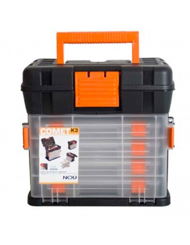 Caja de color negro y naranja de herramientas de 25,5 x 28 x 17,5 cm con varios compratimentos individuales. Arcón especial para