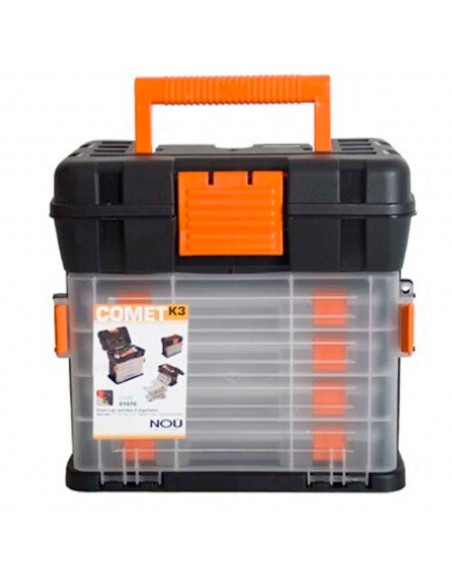 Caja de color negro y naranja de herramientas de 25,5 x 28 x 17,5 cm con varios compratimentos individuales. Arcón especial para