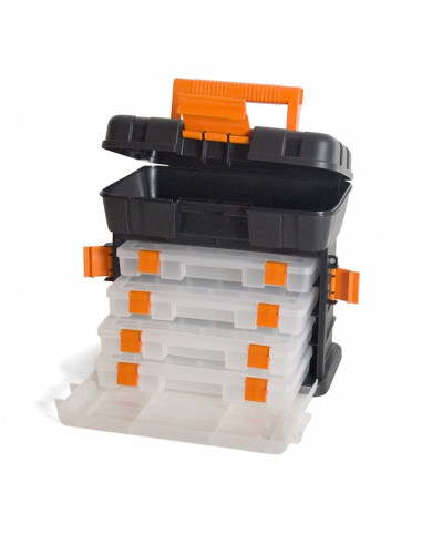 Caja de color negro y naranja de herramientas de 25,5 x 28 x 17,5 cm con varios compratimentos individuales. Arcón especial para
