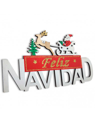 Tradineur - Cartel de Feliz navidad con Santa Claus en reno - Fabricación en madera - Decoración navideña - 13 x 22,5 x 0,5 cm
