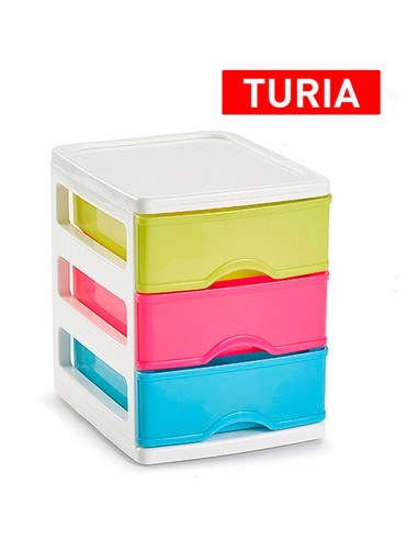 Tradineur - Cajonera Turia de plástico con 3 cajones multicolor, torre almacenaje, sobremesa, escritorio, baño, oficina (Blanco,