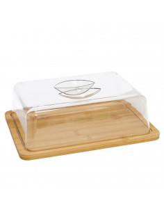 Quesera rectangular con tapa de plástico y base de madera, recipiente de cocina con asa para guardar queso y embutidos, 24,5 x 1