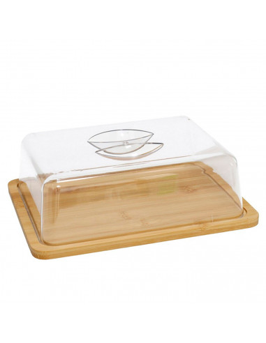 Quesera rectangular con tapa de plástico y base de madera, recipiente de cocina con asa para guardar queso y embutidos, 24,5 x 1