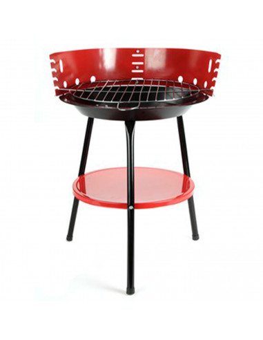 Barbacoa de hierro redonda de color rojo y negro, de 33 cm de diámetro y 53 cm de altura. Parrilla especial para carbón para rea