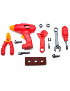 Tradineur - Super set de herramientas en color rojo para jugar - Incluye: tornillos, destornillador, llaves, taladro, etc. - Fab