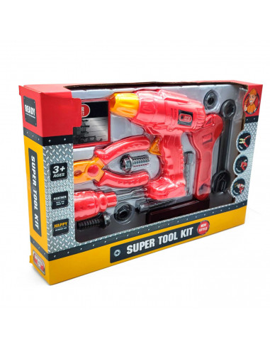 Tradineur - Super set de herramientas en color rojo para jugar - Incluye: tornillos, destornillador, llaves, taladro, etc. - Fab