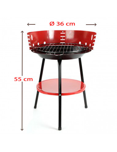 Barbacoa de hierro redonda de color rojo y negro, de 33 cm de diámetro y 53 cm de altura. Parrilla especial para carbón para rea