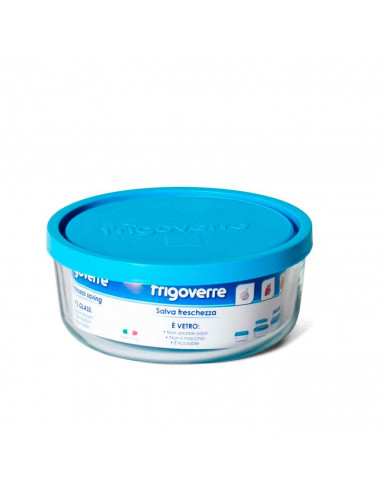 Tradineur - Fiambrera de cristal redonda, con tapa de plástico de 18 cm de diámetro y 7 cm de alto, con tapa azul. Recipiente pa