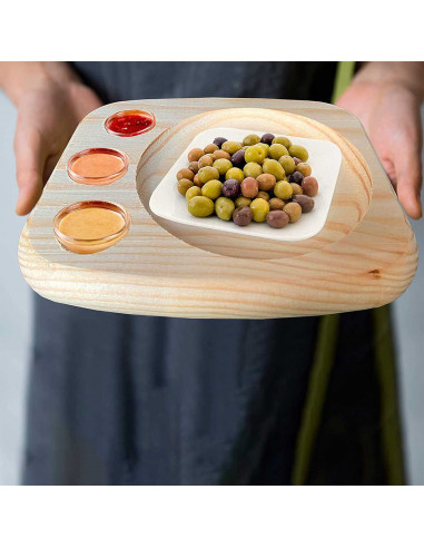 Tradineur - Bandeja de madera ovalada, plato, tabla para servir comida con 3 huecos para salsas, madera natural, churrasco, aper