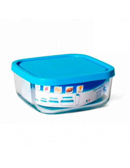 Tradineur - Fiambrera cuadrada de cristal con tapa de plástico, contenedor para alimentos de vidrio, 34 cl, 15 x 15 x 7 cm