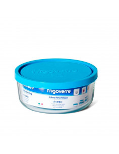 Frigoverre - Fiambrera de cristal redonda, con tapa de plástico de 12 cm de diámetro y 4,5 cm de alto,con tapa azul. Recipiente