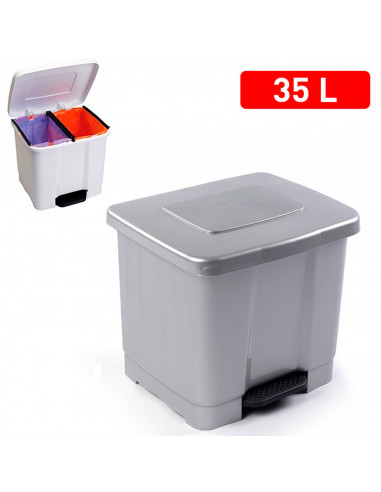 Tradineur - Cubo de basura con pedal de plástico, contenedor de residuos, papelera con separador para colocar dos bolsas, cocina