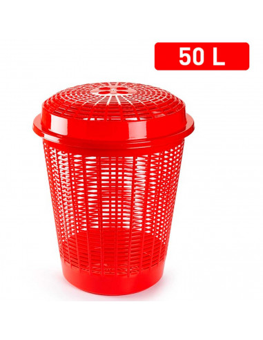 Tradineur - Cesto redondo para ropa sucia, pongotodo con tapa, cubo para almacenar la colada, diseño a rayas, hogar (Rojo, 50 li