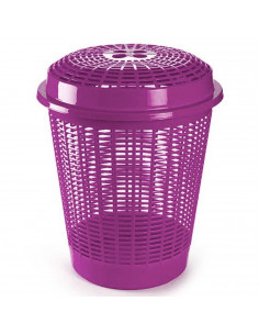 Tradineur - Cesto, pongotodo para ropa sucia redondo con tapa, cubo para almacenar la colada, diseño a rayas, hogar (Violeta, 50