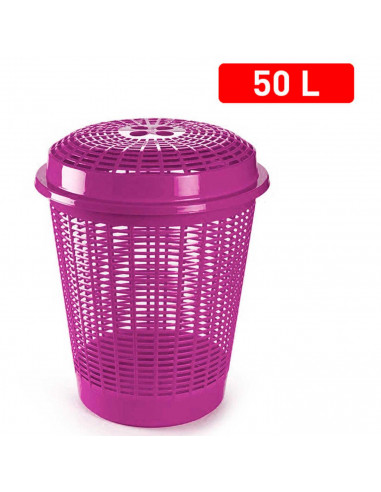Tradineur - Cesto, pongotodo para ropa sucia redondo con tapa, cubo para almacenar la colada, diseño a rayas, hogar (Violeta, 50