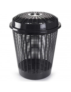 Tradineur - Cesto redondo, pongotodo para ropa sucia con tapa, cubo para almacenar la colada, diseño a rayas, hogar (Gris oscuro