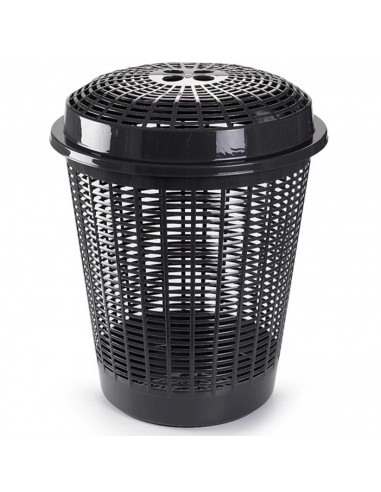 Tradineur - Cesto redondo, pongotodo para ropa sucia con tapa, cubo para almacenar la colada, diseño a rayas, hogar (Gris oscuro