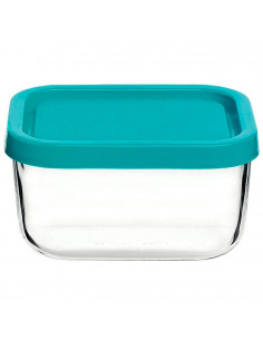 Tradineur - Fiambrera de vidrio con tapa de plástico azul, recipiente para guardar alimentos, apta para microondas y lavavajilla
