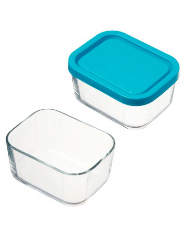 Tradineur - Fiambrera de vidrio con tapa de plástico azul, recipiente para guardar alimentos, apta para microondas y lavavajilla