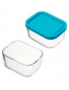 Tradineur - Fiambrera de vidrio con tapa de plástico azul, recipiente para guardar alimentos, apta para microondas y lavavajilla