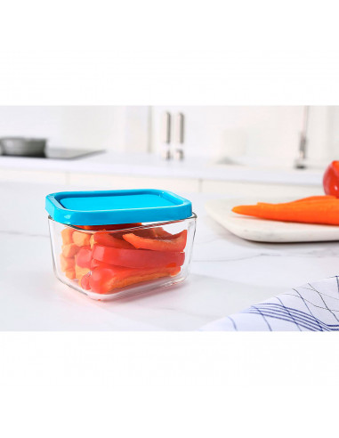 Tradineur - Fiambrera de vidrio con tapa de plástico azul, recipiente para guardar alimentos, apta para microondas y lavavajilla