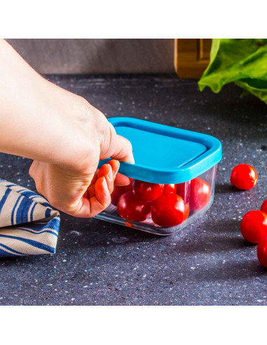 Tradineur - Fiambrera de vidrio con tapa de plástico azul, recipiente para guardar alimentos, apta para microondas y lavavajilla