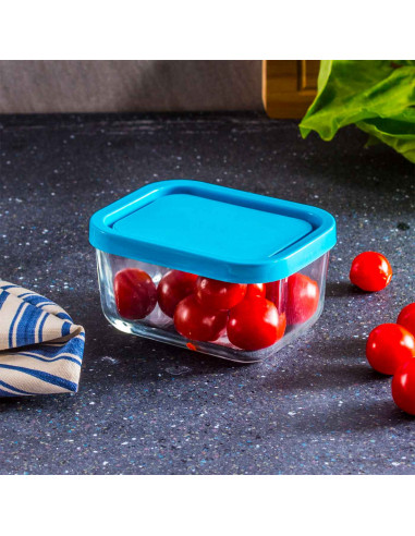 Tradineur - Fiambrera de vidrio con tapa de plástico azul, recipiente para guardar alimentos, apta para microondas y lavavajilla
