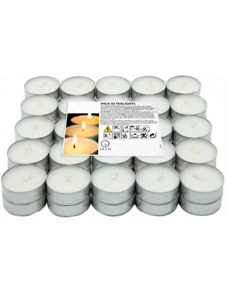 Tradineur - Pack de 50 velas de té con aroma neutro, tealights, tiempo de combustión: 4,5 horas, decoración del hogar (Blanco, 3