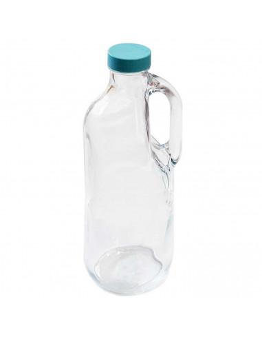 Tradineur - Botella de cristal con asa, tapa de plástico, jarra de vidrio agua caliente/fría, té helado, bebidas, frigorífico, 3