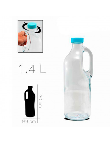 Tradineur - Botella de cristal con asa, tapa de plástico, jarra de vidrio agua caliente/fría, té helado, bebidas, frigorífico, 3