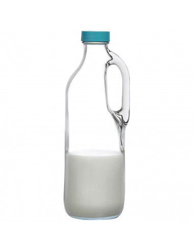 Tradineur - Botella de cristal con asa, tapa de plástico, jarra de vidrio agua caliente/fría, té helado, bebidas, frigorífico, 3