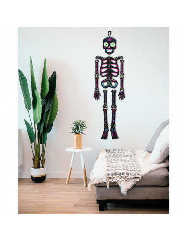 Tradineur - Esqueleto colgante con diseño mexicano para Halloween - Fabricado en plástico - Adorno para decoración - Longitud 66