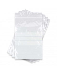 Tradineur - Pack 24 bolsas herméticas con franjas blancas para escribir - Fácil de abrir, Deslizar para cierre - Ideal para cons