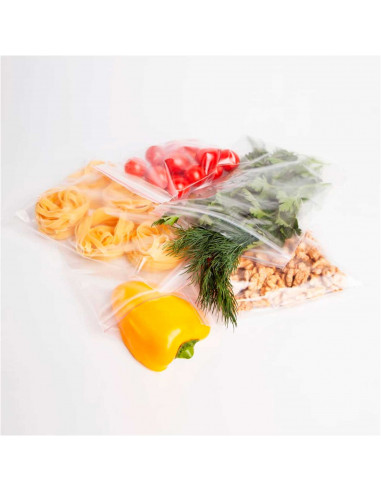 Tradineur - Pack 25 bolsas herméticas con franjas blancas para escribir - Fácil cierre - Ideal para conservar tus alimentos - 12