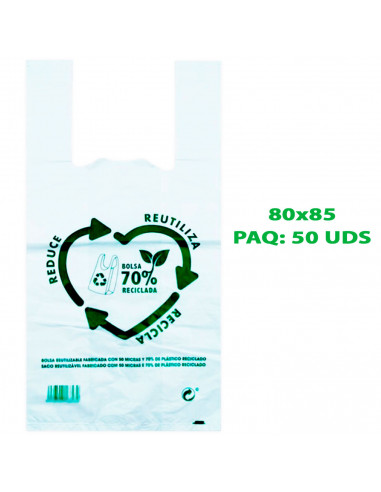 Tradineur - Pack de 50 bolsas de plástico reutilizables tipo camiseta, gran resistencia, cumplen normativa, aptas para uso alime