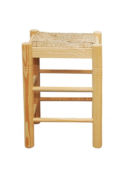 Tradineur - Taburete cuadrado de madera, asiento de rafia, 47 x 33 x 33 cm, banqueta de madera con reposapiés y asiento de fibra
