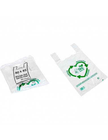 Tradineur - Pack de 50 bolsas de plástico reutilizables tipo camiseta, gran resistencia, cumplen normativa, aptas para uso alime