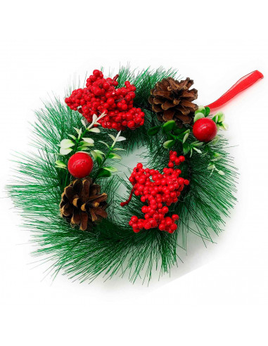 Tradineur - Corona de navidad con piñas y racimos de bayas, guirnalda decorativa artificial, adorno colgante para puerta, pared,
