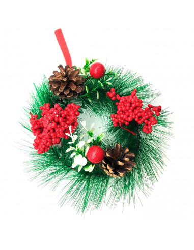 Tradineur - Corona de navidad con piñas y racimos de bayas, guirnalda decorativa artificial, adorno colgante para puerta, pared,