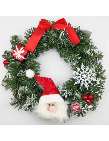 Tradineur - Corona de navidad de Santa Claus, espumillón de Papá Noel, guirnalda decorativa artificial, adorno colgante para pue