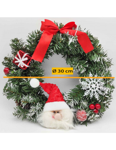 Tradineur - Corona de navidad de Santa Claus, espumillón de Papá Noel, guirnalda decorativa artificial, adorno colgante para pue