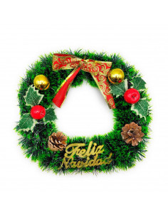 Tradineur - Corona de navidad con piñas "Feliz Navidad", espumillón, guirnalda decorativa artificial, adorno colgante para puert