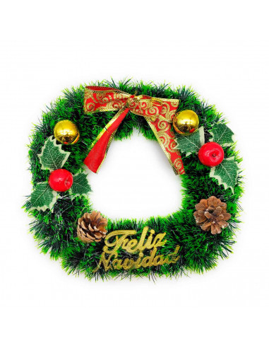 Tradineur - Corona de navidad con piñas "Feliz Navidad", espumillón, guirnalda decorativa artificial, adorno colgante para puert