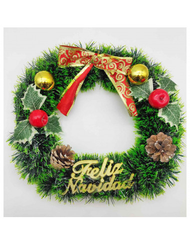 Tradineur - Corona de navidad con piñas "Feliz Navidad", espumillón, guirnalda decorativa artificial, adorno colgante para puert