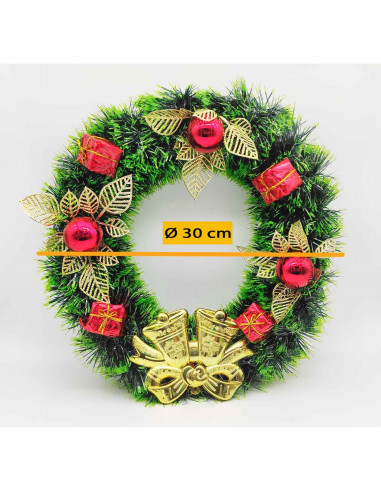Tradineur - Corona de navidad decorada con campanas, espumillón, guirnalda decorativa artificial, adorno colgante para puerta, p