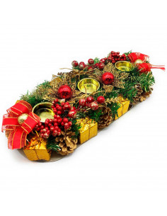 Tradineur - Portavelas de navidad con piñas, espumillón y frutos del bosque, adorno artificial para centros de mesa, estanterías