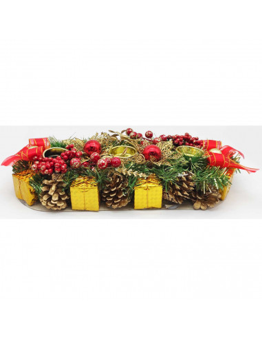 Tradineur - Portavelas de navidad con piñas, espumillón y frutos del bosque, adorno artificial para centros de mesa, estanterías